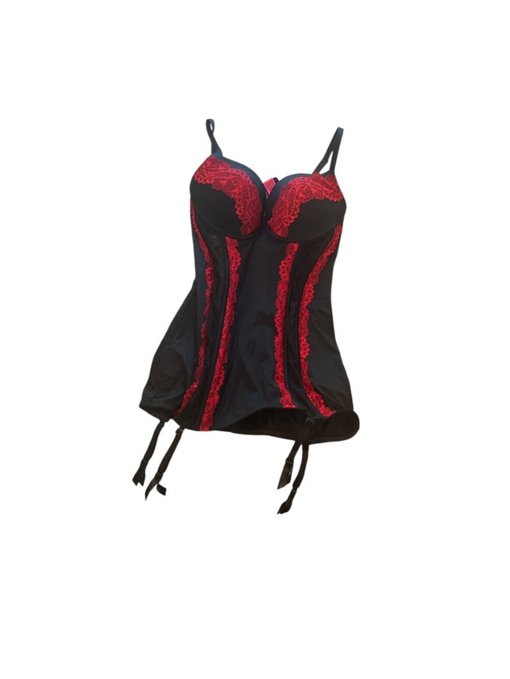 LA SENZA Black & Red Lace Bustier with Garter Straps Size Large Push Up Sexy